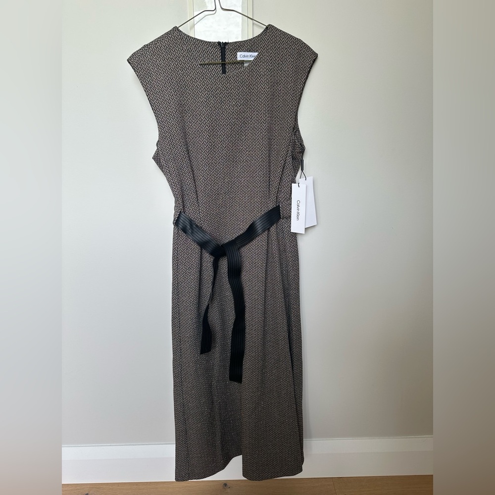 Calvin Klein Black and Brown Textured Midi Dress